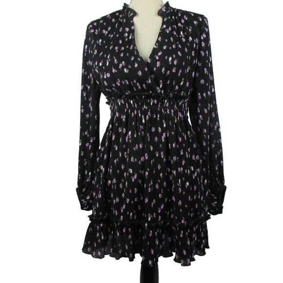 ZARA DRESS PRINTED SHORT FLORAL Long Sleeves BLACK LILAC SIZE S $69 NEW - Picture 2 of 9